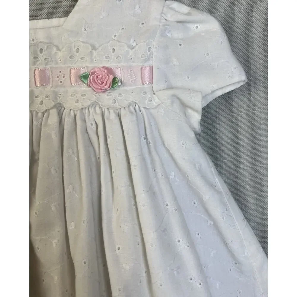 C. I Castro & Co Dress Baby Girl 12 Mos White Pink Eyelet Puffed Sleeves Party